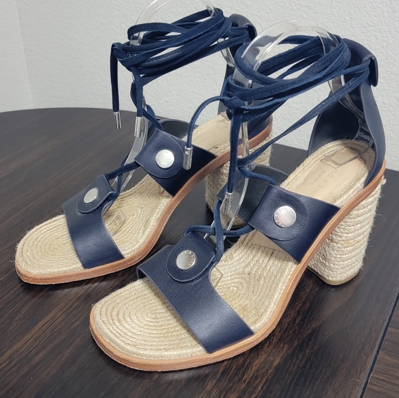 Rag & Bone Eden Navy Leather Lace Up Jute Block Espadrille Heel Sandals 38 - Picture 2 of 9